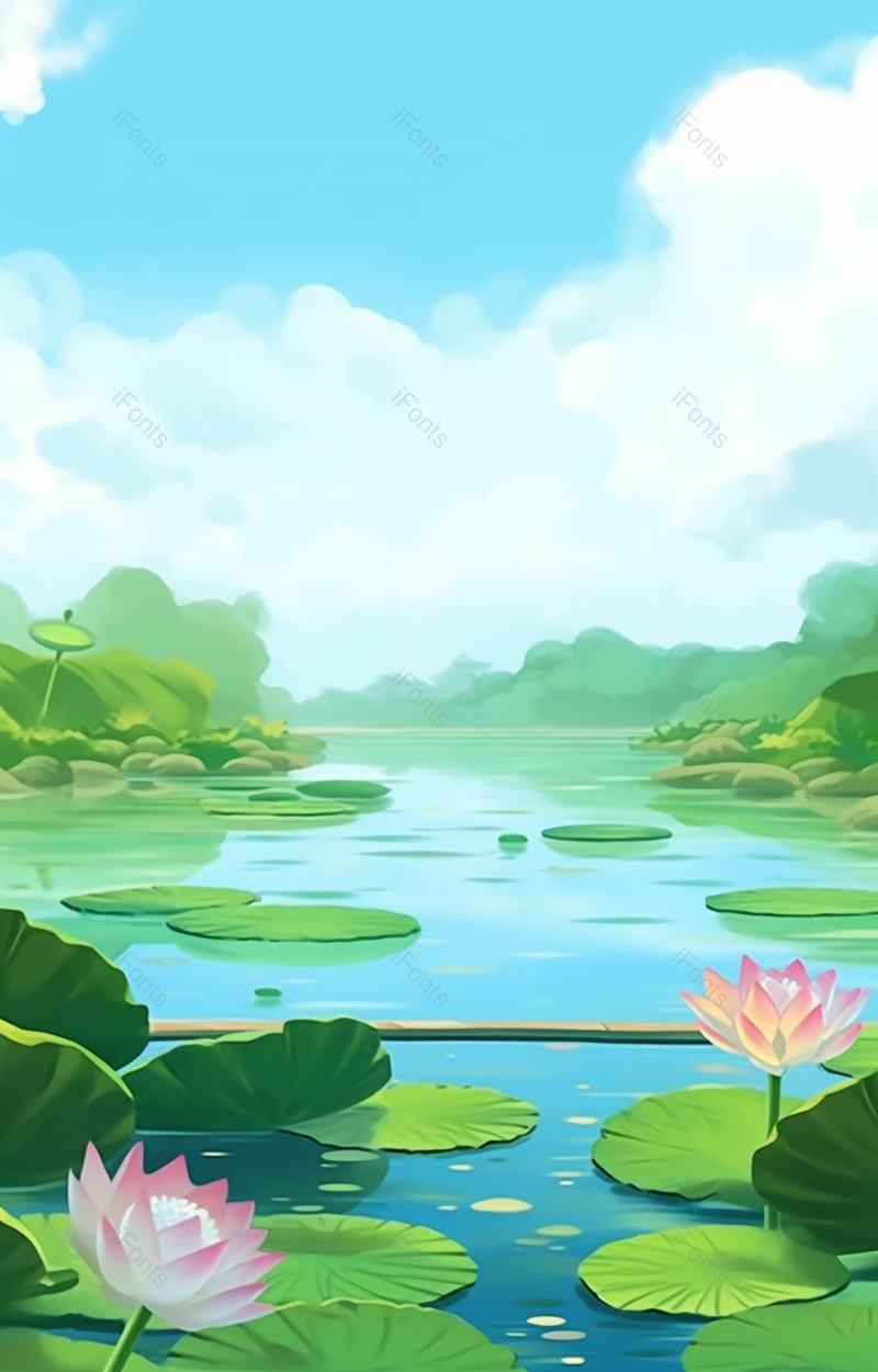夏天夏季公园里绿色的荷叶和粉白色的荷花莲花盛开手绘插画,插画/手绘图,插画/手绘图库,插画/手绘图下载,插画/手绘